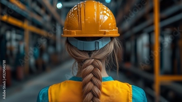 Fototapeta The image showcases the back of a woman's head, her long blonde hair styled in a braid.  She wears a bright yellow hard hat and a teal and orange safety vest.  The background is heavily blurred,