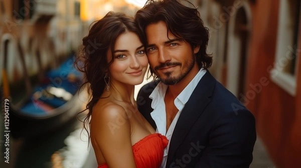 Fototapeta Close-up portrait of a young, attractive couple embracing. The woman wears a red strapless dress, and the man wears a dark suit and open-collared shirt.  The background is blurred, showing a Venetian
