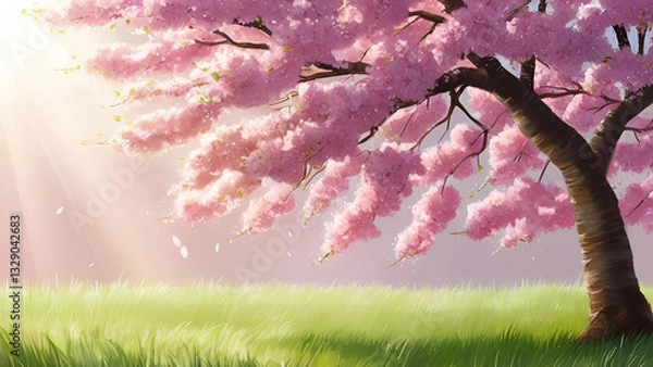 Fototapeta A spring-themed border or background featuring pink blossoms. This picturesque natural setting showcases a flowering tree illuminated by sunlight