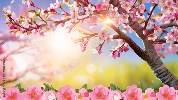 Fototapeta An artistic representation of spring, highlighting a border or background adorned with pink flowers. The scene captures a blooming tree bathed in sunlight