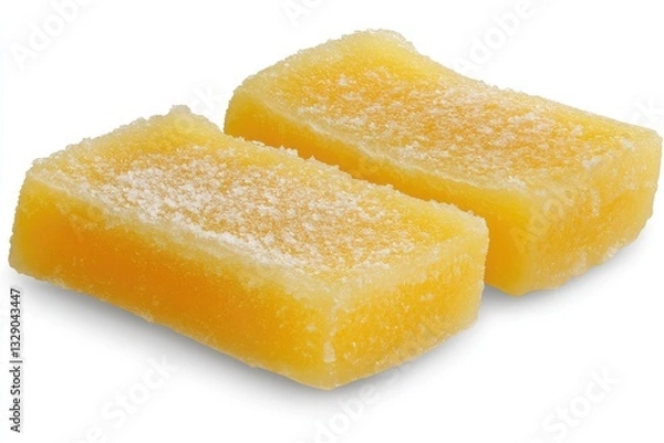 Obraz Two rectangular, light yellow, sweet,  jellied treats, dusted with a fine, sugar-like powder