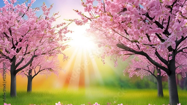 Fototapeta A spring border or background art characterized by pink floral elements. This stunning nature scene presents a blossoming tree, complemented by rays of sunlight