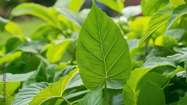Fototapeta The essence of green foliage in a summer garden. Vibrant green leaves serve as a backdrop for spring, creating a lush environment that embodies ecological beauty
