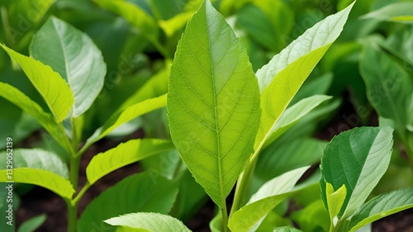 Fototapeta The character of verdant leaves in a summer garden. These natural green plants provide an ideal spring background, enhancing the greenery of the environment and serving as an ecological wallpaper