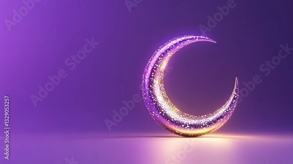 Fototapeta decorative crescent moon symbol with golden glow on purple background