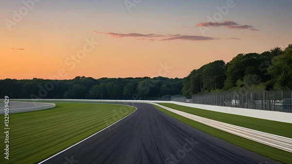 Fototapeta A deserted racetrack surrounded by lush green woods, set against the backdrop of a sunset