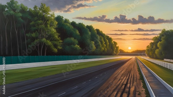 Fototapeta An unoccupied racing circuit nestled within verdant woodlands, illuminated by the hues of the setting sun