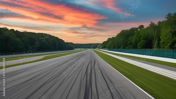 Fototapeta A vacant racecourse bordered by vibrant green forests, with the sun setting in the background