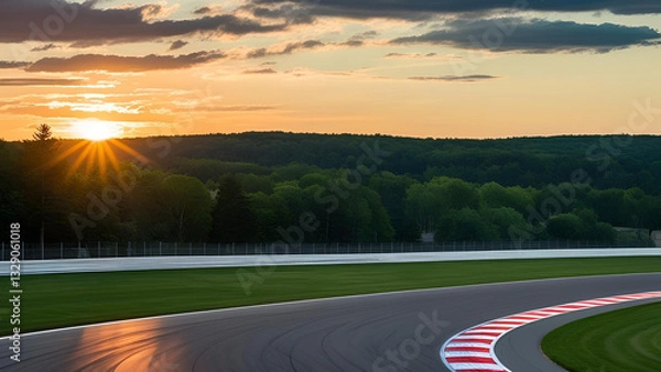 Fototapeta An abandoned racetrack enveloped by flourishing woods, showcasing the beauty of a sunset