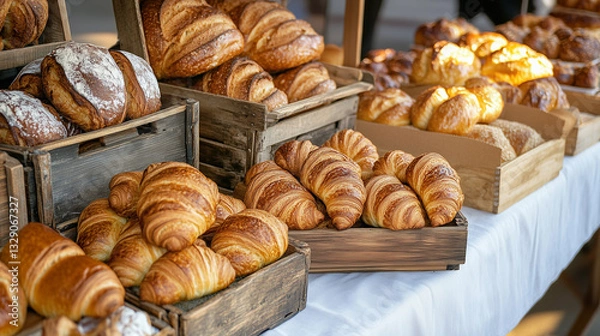 Fototapeta Freshly baked croissants and bread displayed at a market stall