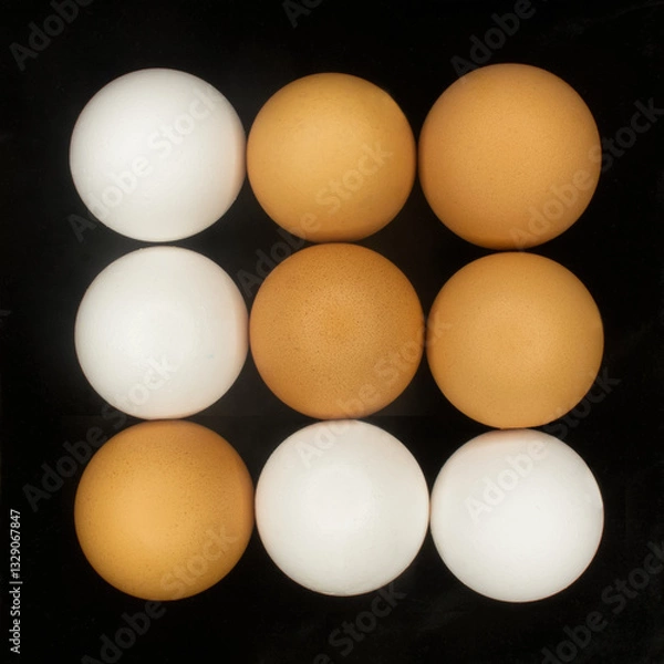 Fototapeta A set of nine chicken eggs stacked in a square (brown and white) on black background. Five brown eggs are laid out in the shape of an arrow.