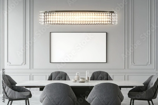 Fototapeta Modern crystal chandelier above dining table in minimalist room.