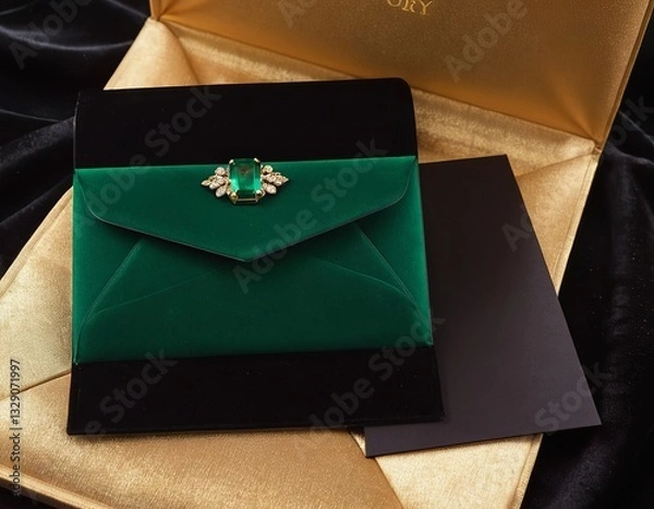 Fototapeta Elegant green velvet envelope with a jeweled clasp, set against a luxurious black and gold backdrop.