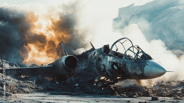 Fototapeta A fighter jet lies half-buried in a crater, surrounded by billowing smoke and flames. Signs of destruction are evident in the aftermath of a recent aerial conflict.