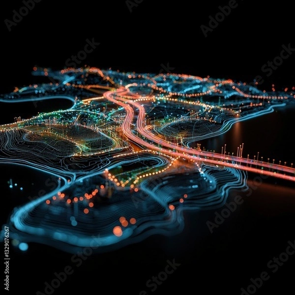 Obraz A smart grid network visualized on a global map connected with light trails