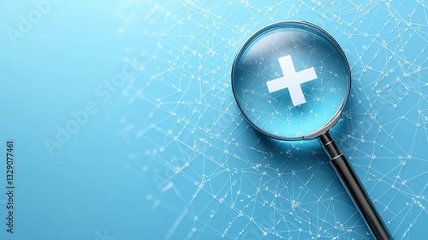 Fototapeta A magnifying glass focuses on a white cross symbol, highlighting a healthcare information and medical services network against a light blue background.