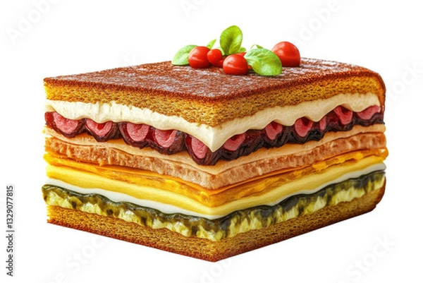Fototapeta A Decadent Layered Cake, A Symphony Of Flavors And Textures, Crowned With Fresh Berries And A Sprig Of Basil, A Delightful Dessert For Any Occasion Isolated on Transparent Background