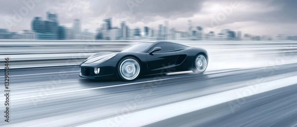 Fototapeta sleek black sports car races across bridge with blurred city skyline in background, capturing essence of speed and modernity