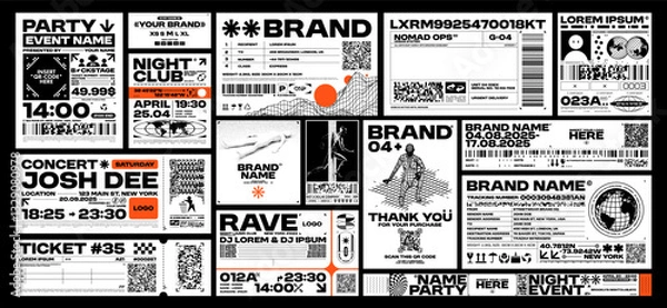 Fototapeta Brutalism label design pack. Futuristic assets for streetwear, event tickets, club flyers, and apparel branding. Retro and cyber aesthetics graphic elements. Vector set
