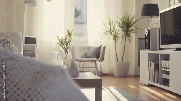 Fototapeta A smart home energy management system, modern living room with automated system adjusting temperature and lighting, Home-tech style