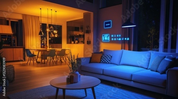 Fototapeta A smart home lighting system, modern living room with automated lighting and ambiance control, Home-tech style