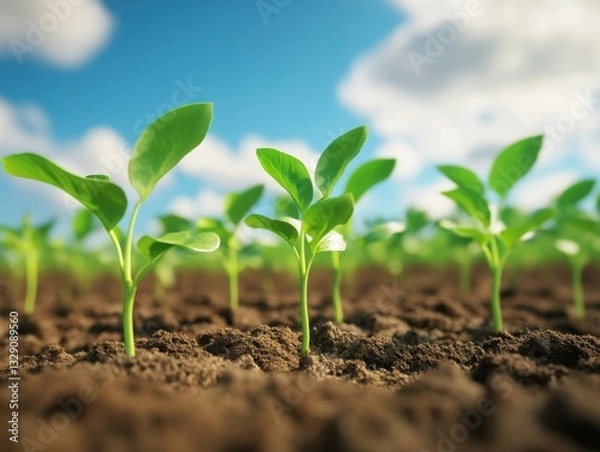 Fototapeta Young plants in neat rows growing in a freshly tilled field, reaching toward the sky