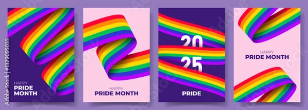 Obraz Set of Pride Month flyers concept. Vector illustrations with wavy rainbow ribbons and typography design. Set of Pride Month backgrounds for decoration of LGBT events, social media, cover, branding.