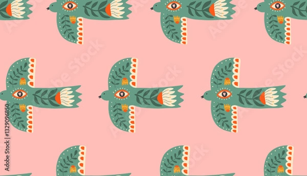 Fototapeta Abstract seamless pattern with bird and flowers. Hand drawn print in scandinavian stile. Print for cover, textiles, fabric.