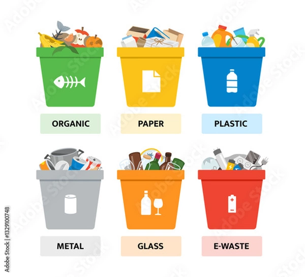 Obraz Different types garbage Recyclable Waste. Environmental recycling concept. Recycling Bins.