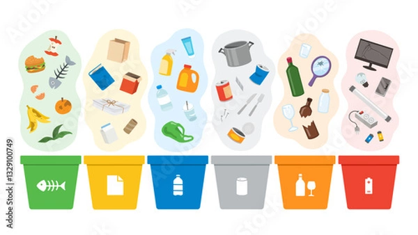 Obraz Different types garbage Recyclable Waste. Environmental recycling concept. Recycling Bins.
