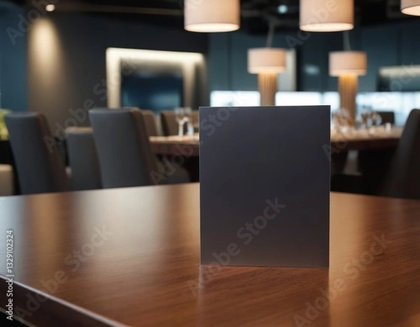 Fototapeta A minimalist restaurant table setting with a blank menu in focus, surrounded by elegant lighting.