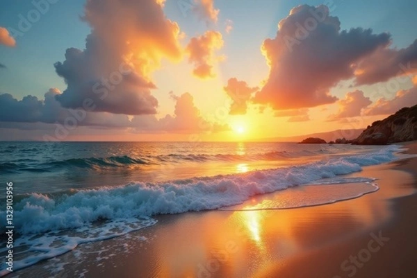 Obraz Golden sunrise paints sky, reflecting on tranquil ocean waves lapping sandy shore , golden hour, landscape, seascape
