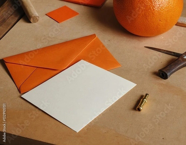 Fototapeta A vibrant orange envelope and a blank card on a wooden table with an orange and craft tools nearby.
