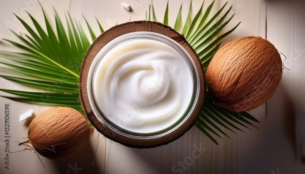 Obraz coconut milk and coconut on the wooden background 