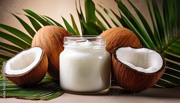 Obraz coconut milk and coconut on bamboo