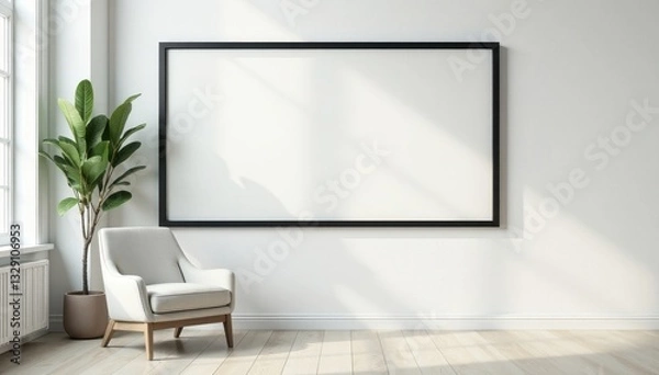 Fototapeta Modern black frame on white wall, subtle drop shadow Interior context suggested , blog design, interior mockup, branding