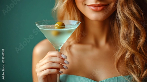 Fototapeta A girl holding a martini glass. Only the upper part of her body is visible, including part of her face, hair, shoulders and arm. An olive is floating in a martini glass.