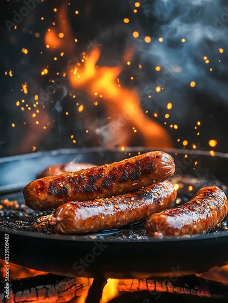 Obraz Juicy fried sausages cooked in a pan over an open fire. Flames can be seen rising up and sparks flying in the air.