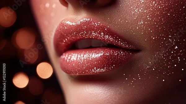 Fototapeta Full, plump lips, accentuated by glistening pink lip gloss and subtle glitter, reveal effective lip augmentation enhancing natural beauty.