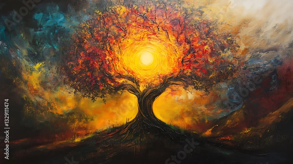 Obraz Fiery with flames burning in the forest and fireplace, creating a warm, intense scene of nature's energy and heat