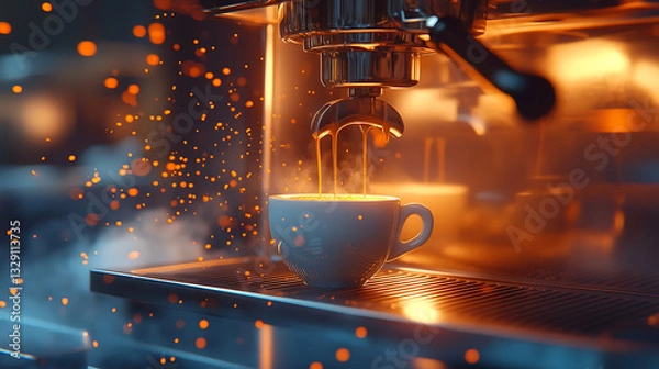 Obraz Welder working in a factory and workshop with coffee machine and cup on break