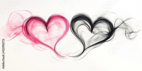 Fototapeta A vibrant heart-shaped abstraction in pink and black. Thin, dynamic lines swirl with movement and depth, crafting an intriguing visual journey within its contours