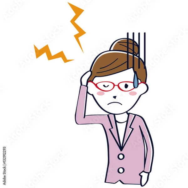 Fototapeta 線画の淡いスーツのキャリアウーマン　赤いめがね　上半身　頭痛