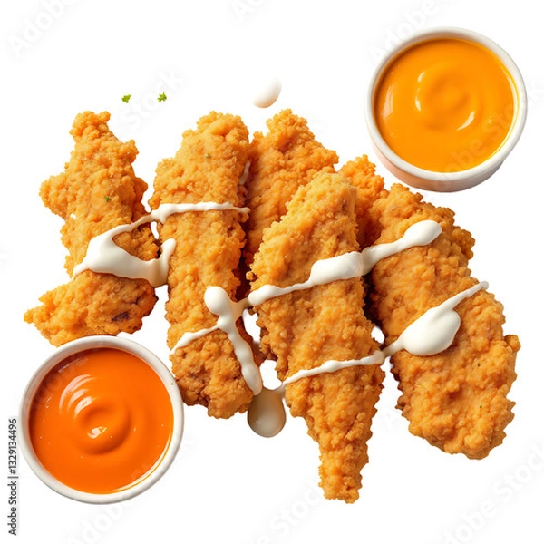 Fototapeta Crispy air-fried oyster mushroom tenders with seasoned coating, buffalo and ranch dipping sauces on white background, high-resolution food photography