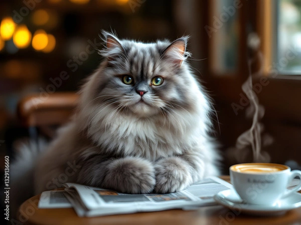 Fototapeta A fluffy cat sitting at a wooden table with a coffee cup and book, exuding coziness.