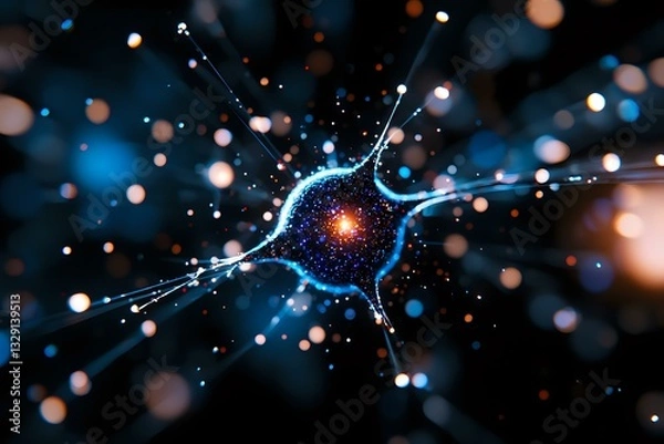Fototapeta Glowing neuron cell with synaptic connections on dark background with bokeh lights and energy particles, representing neural network and brain activity in science.