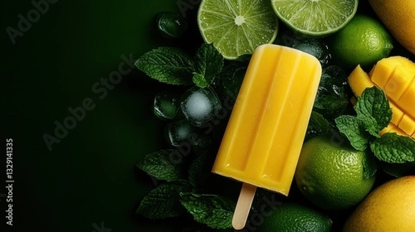 Fototapeta This visually stunning image highlights a yellow mango popsicle set amidst fresh limes and mint, visually appealing and refreshing, perfect for a summer treat.