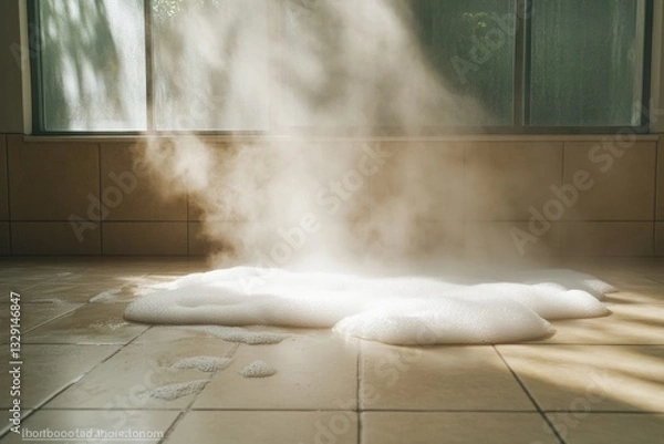 Fototapeta Steam rises from puddle of foam, creating an ethereal atmosphere