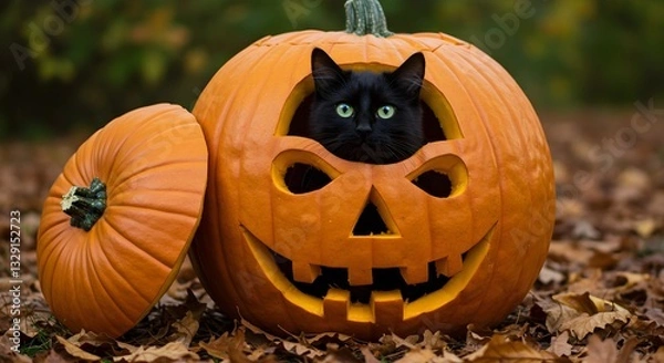 Obraz Cat inside jack o lantern pumpkin