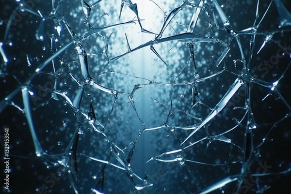 Fototapeta A close-up of shattered glass with intricate, web-like cracks. The broken fragments reflect cold blue light, creating a futuristic, surreal atmosphere